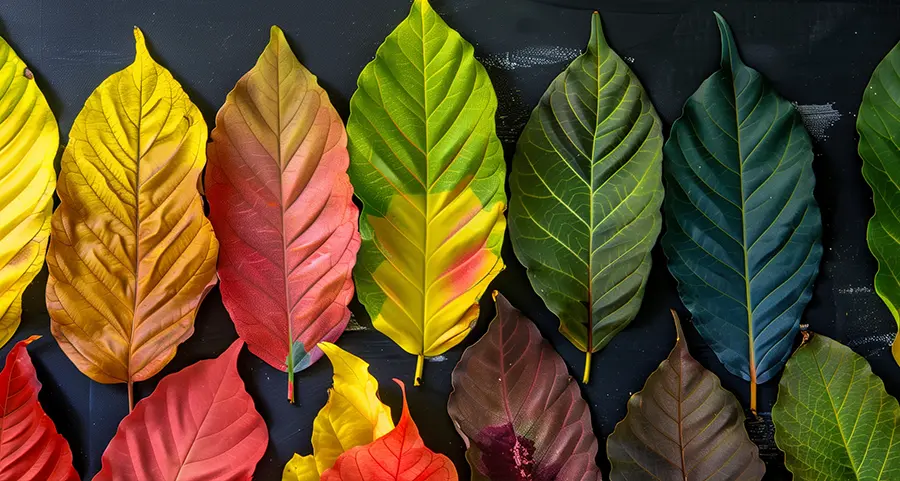 An unrealistic photo of kratom leaves in full rainbow colors