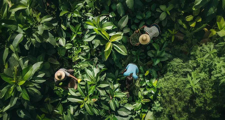 Birds eye view of workers harvesting kratom plants